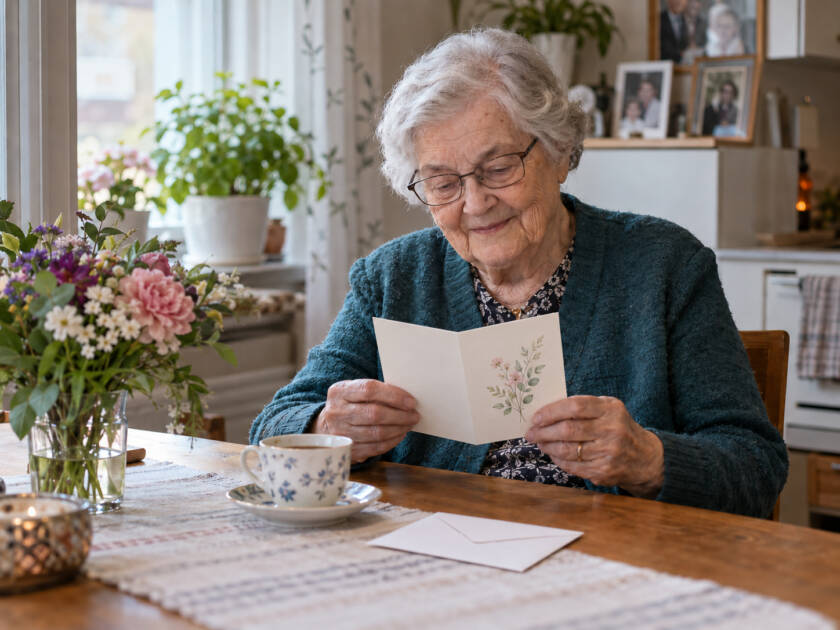 Ikääntynyt nainen lukee korttia.