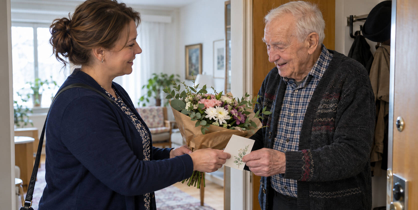 Diakoni vie onnittelut eläkeläisen ovelle.