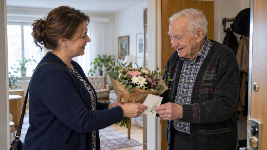 Diakoni vie onnittelut eläkeläisen ovelle.